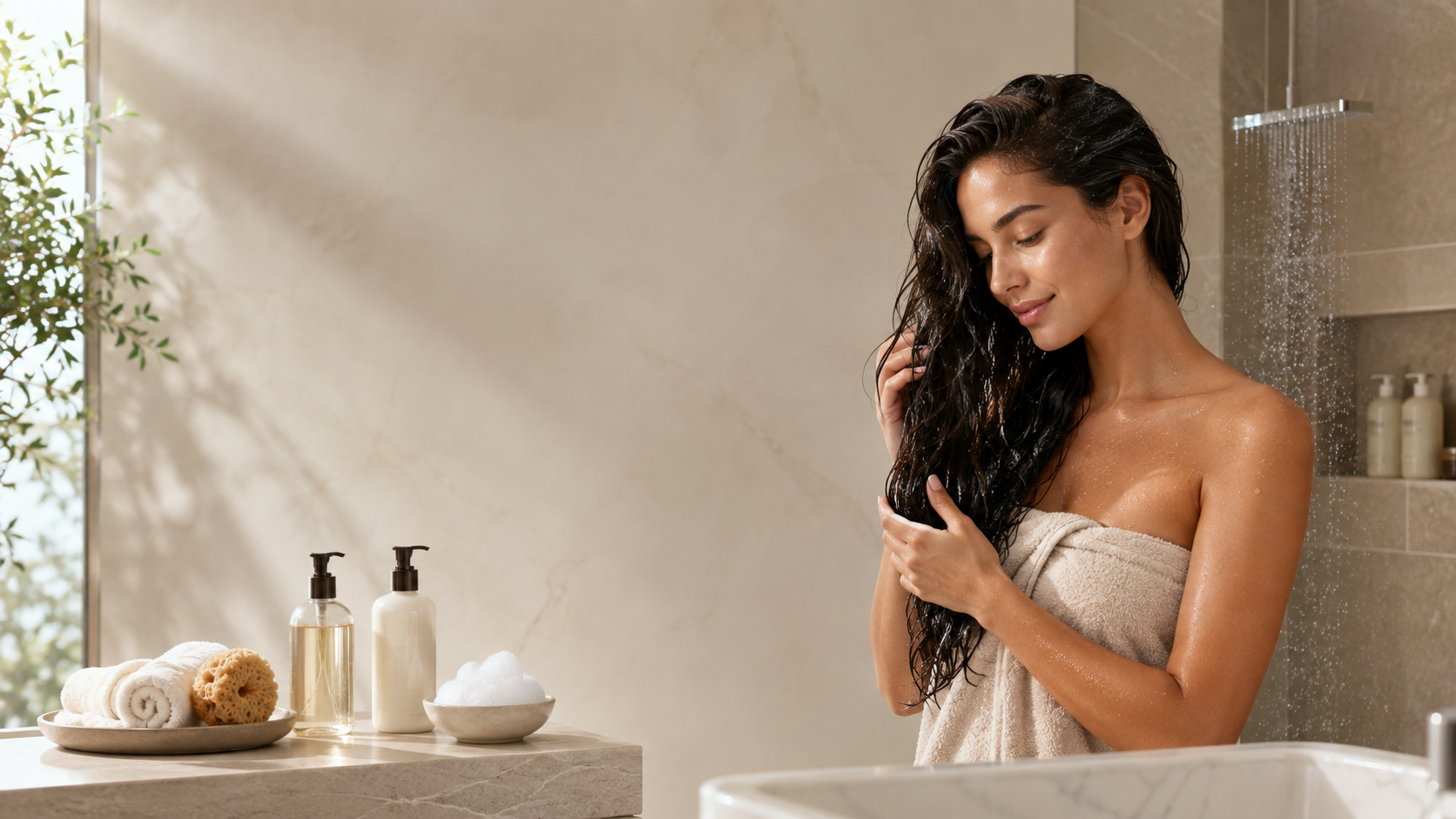 Woman running her fingers through freshly washed hair in a bright bathroom