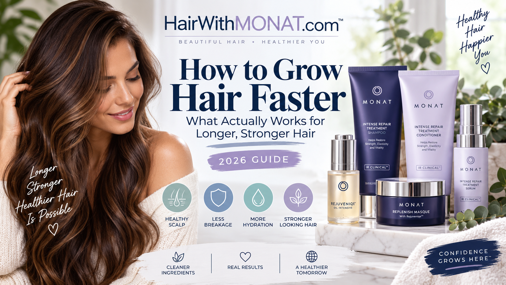Woman with long healthy-looking hair and MONAT haircare products for a guide on how to grow hair faster